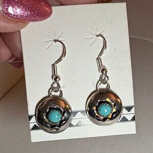 Native Made Sterling Silver and Turquoise Shadowbox Dangle Earrings NWT